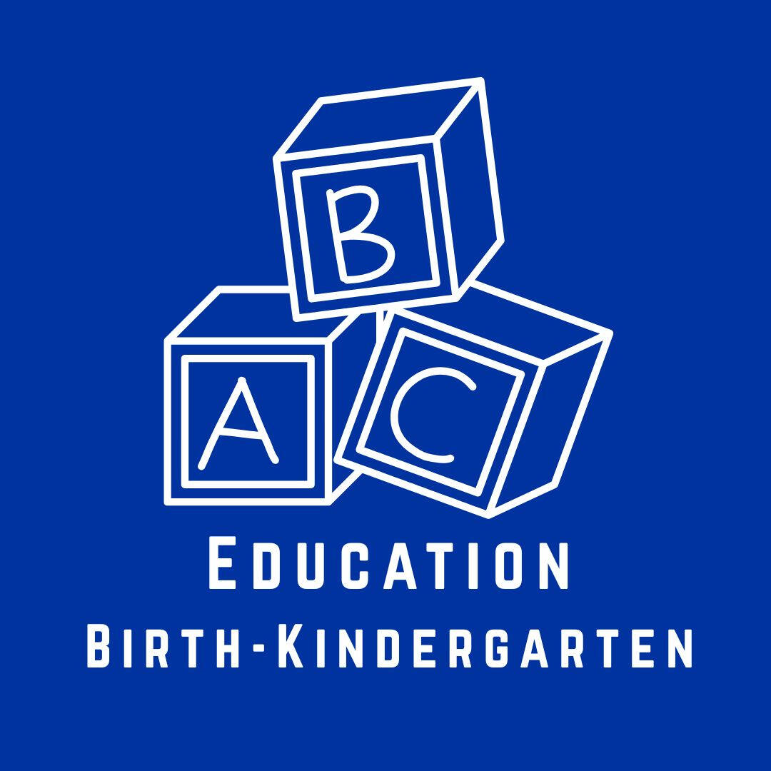 blue logo for education birth to kindergarten major, image is a drawing of children's alphabet blocks, A, B, and C